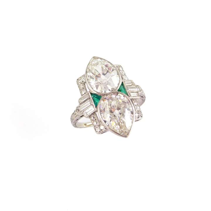 Two stone pear shaped diamond and gem set cluster ring
